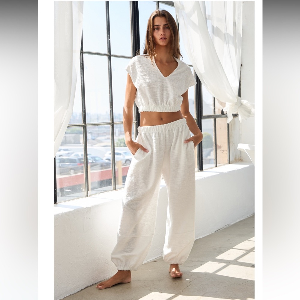 Boucle Solid Fabric Top and Pants Two-Piece Set